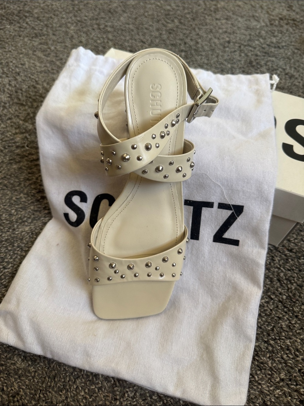 SCHUTZ Cream Studded Block Heel Sandals